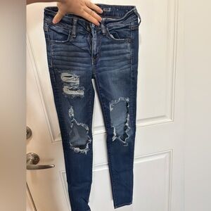 American Eagle Outfitters Blue Skinny Jeans with Distressed Details